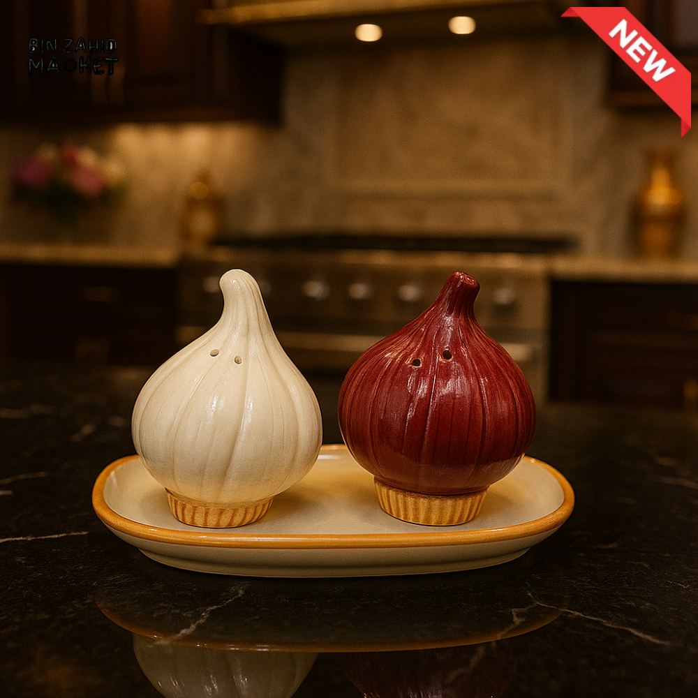 CERAMIC SALT & PEPPER SHAKER SET WITH LEAF TRAY - ONION YM120