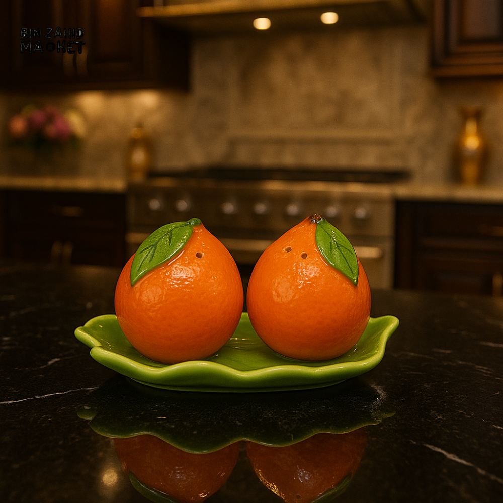 CERAMIC SALT & PEPPER SHAKER SET WITH LEAF TRAY - ORANGE YM17