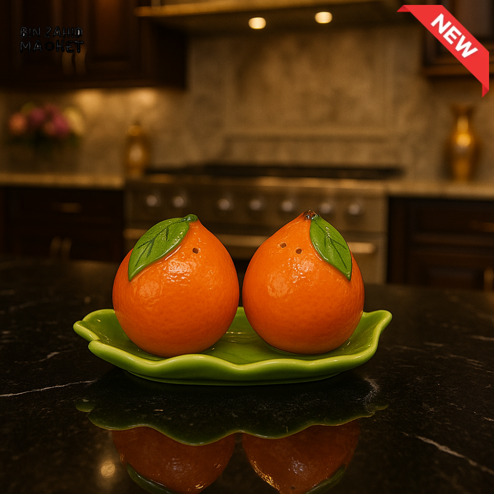 CERAMIC SALT & PEPPER SHAKER SET WITH LEAF TRAY - ORANGE YM17