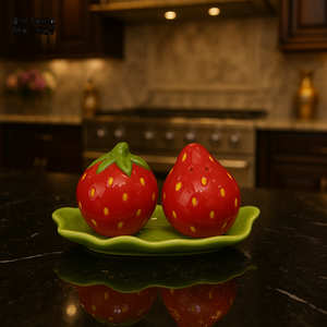 CERAMIC SALT & PEPPER SHAKER SET WITH LEAF TRAY - STRAWBERRY YM22