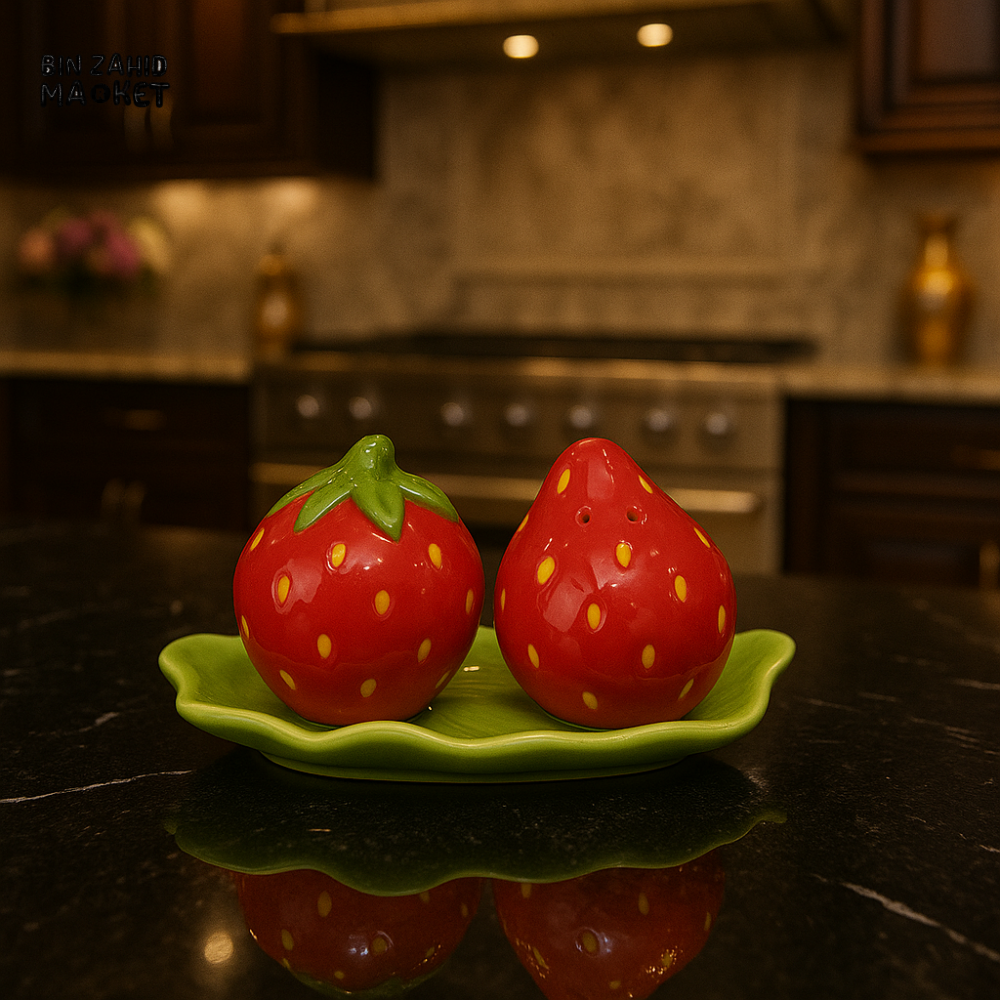 CERAMIC SALT & PEPPER SHAKER SET WITH LEAF TRAY - STRAWBERRY YM22