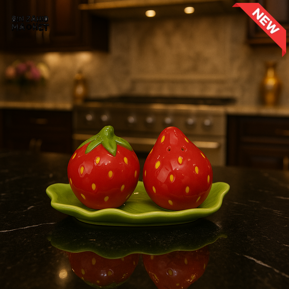 CERAMIC SALT & PEPPER SHAKER SET WITH LEAF TRAY - STRAWBERRY YM22