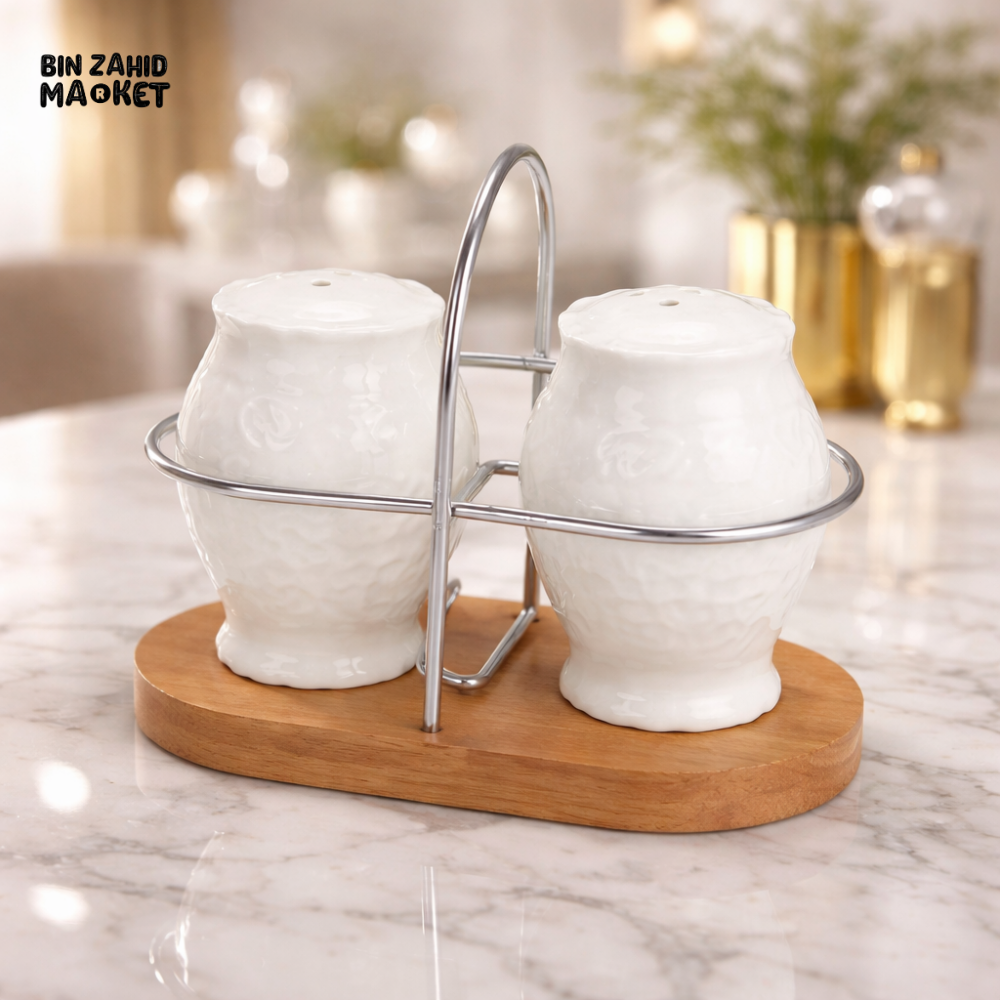 CERAMIC SALT & PEPPER SHAKER SET WITH WOODEN BASE & METAL STAND