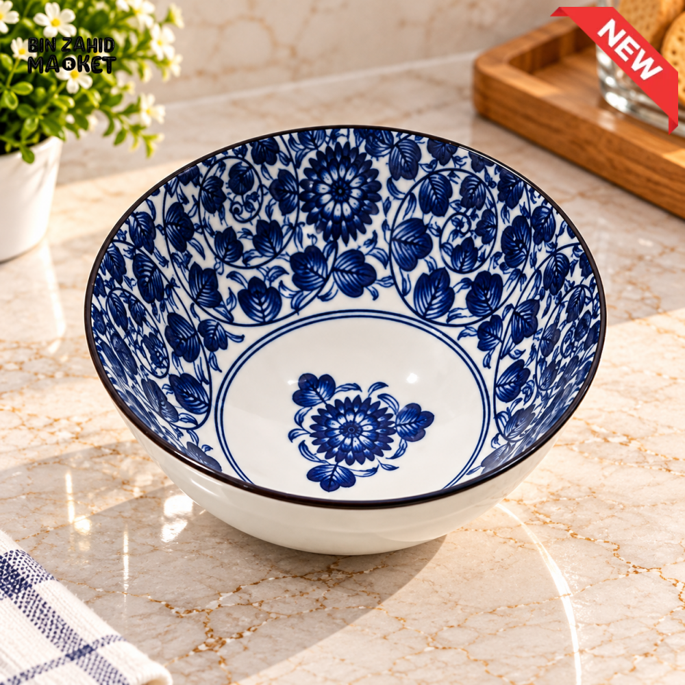 CERAMIC SERVING BOWL WITH BLUE FLORAL DESIGN - Bowls