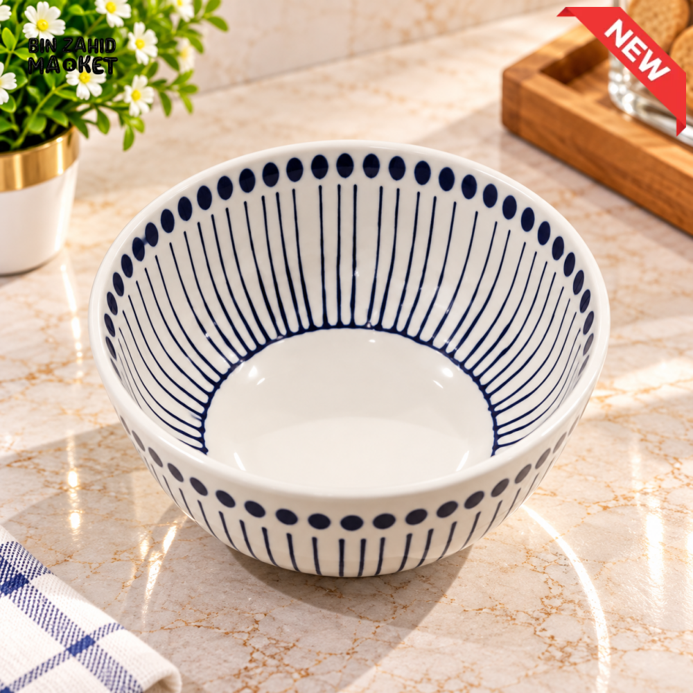CERAMIC SERVING BOWL WITH BLUE STRIPED DESIGN - Bowls