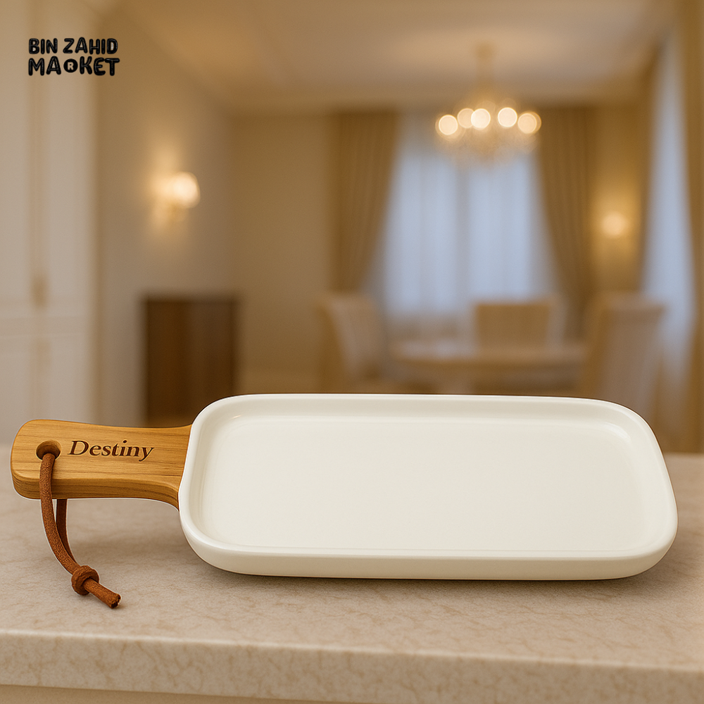 CERAMIC SERVING PLATTER WITH WOODEN HANDLE – LUXURY SNACK TRAY FOR MODERN VILLA DINING & KITCHEN DECOR