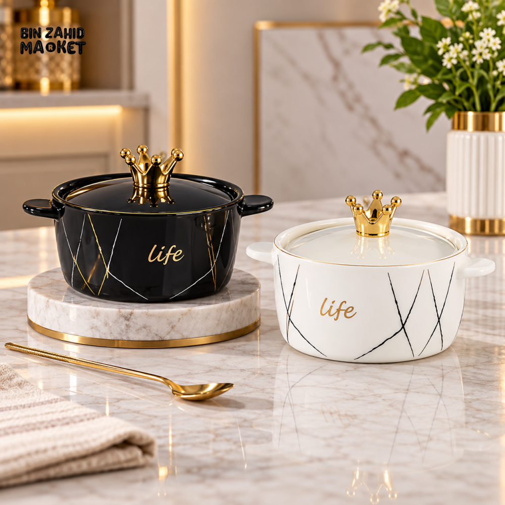CERAMIC SERVING POT WITH CROWN LID - EACH