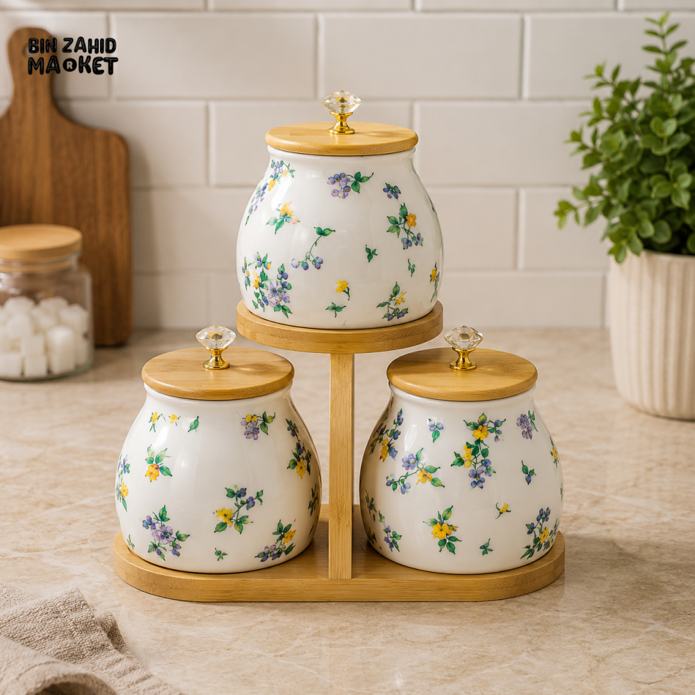 CERAMIC STORAGE JAR SET WITH BAMBOO STAND - 3 PIECE