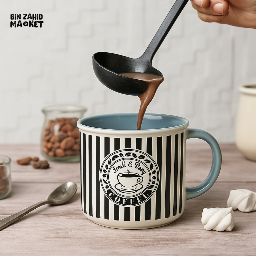 CERAMIC STRIPED COFFEE MUG – VINTAGE BLACK & WHITE DESIGN WITH BLUE HANDLE FRESH & TASTY PRINT
