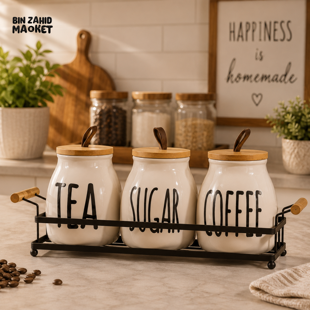 CERAMIC TEA SUGAR & COFFEE STORAGE CANISTER SET WITH METAL RACK
