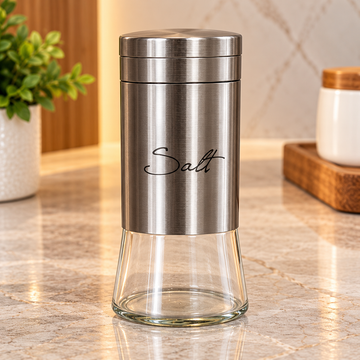 STAINLESS STEEL & GLASS SALT STORAGE JAR