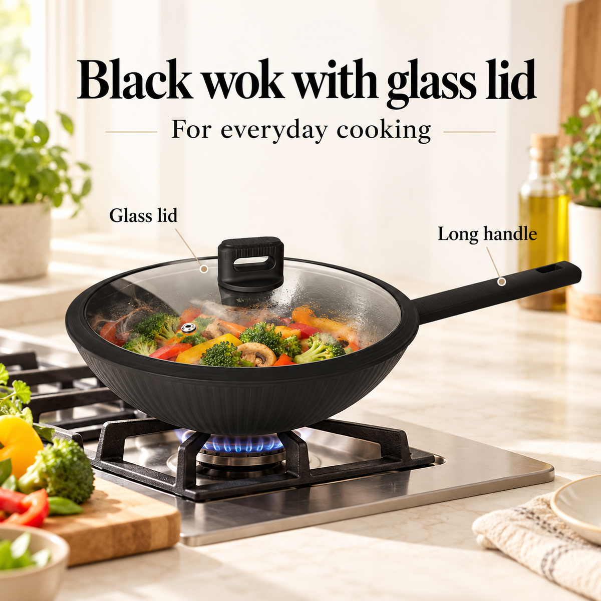 Danny Home Black Wok With Glass Lid