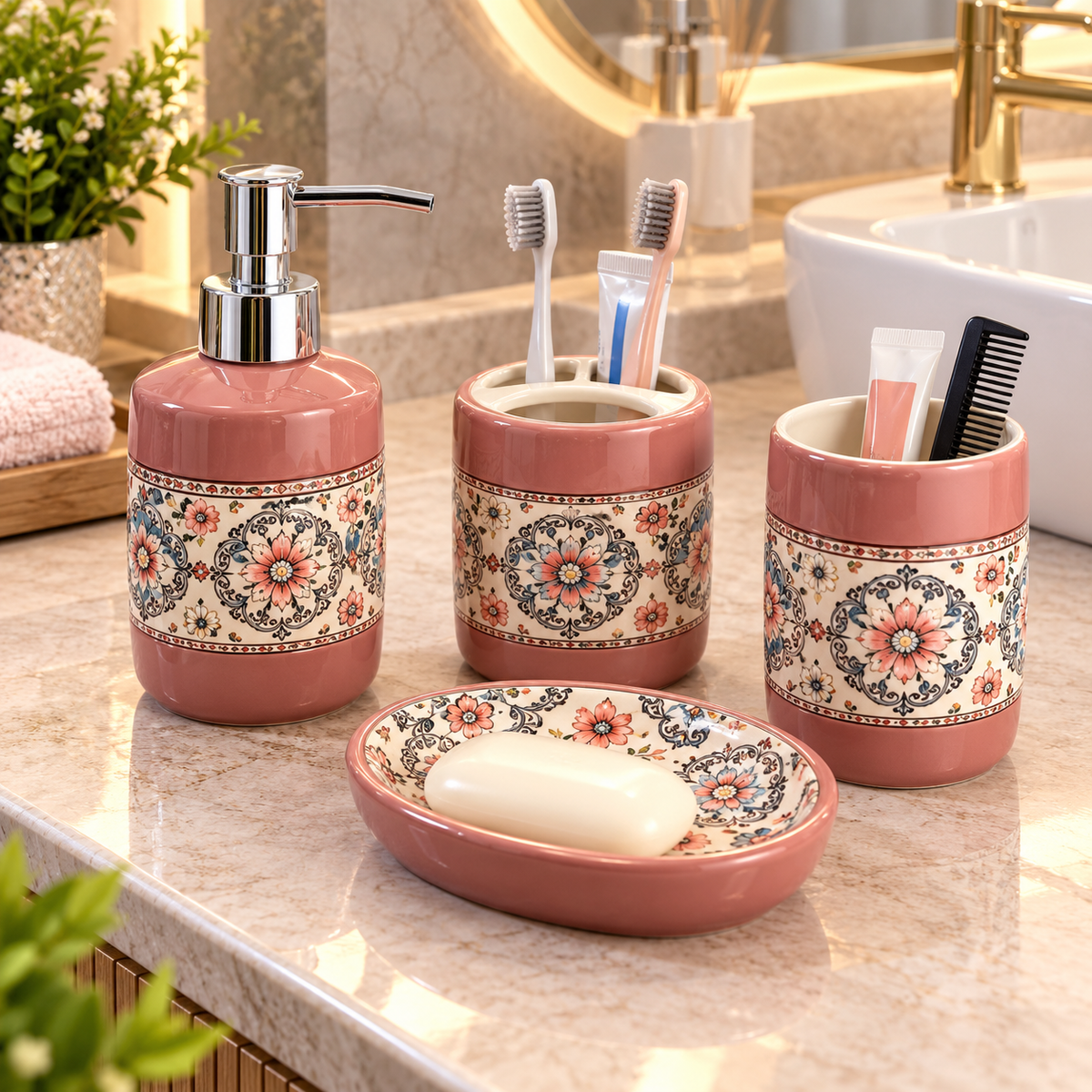PINK FLORAL DESIGN CERAMIC BATHROOM ACCESSORY SET