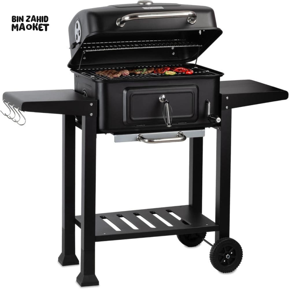 CHARCOAL BBQ GRILL TROLLEY WITH ADJUSTABLE COAL TRAY & THERMOMETER