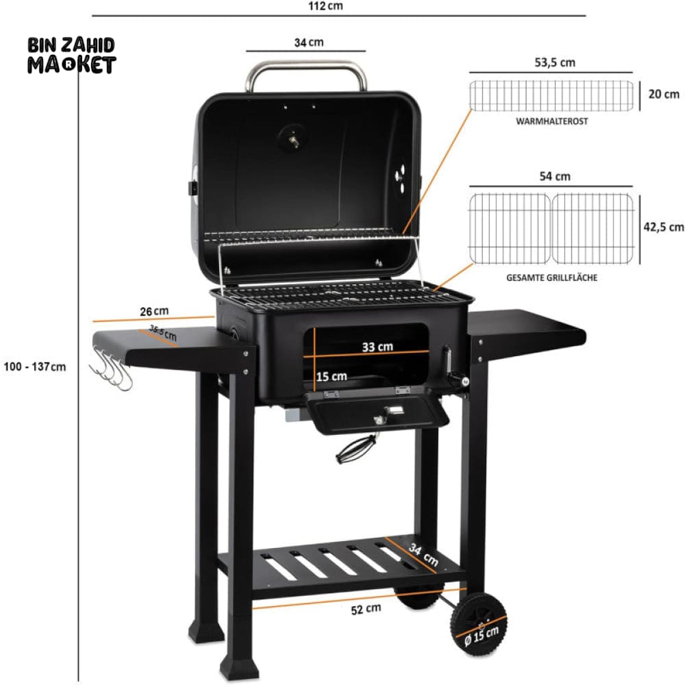CHARCOAL BBQ GRILL TROLLEY WITH ADJUSTABLE COAL TRAY & THERMOMETER