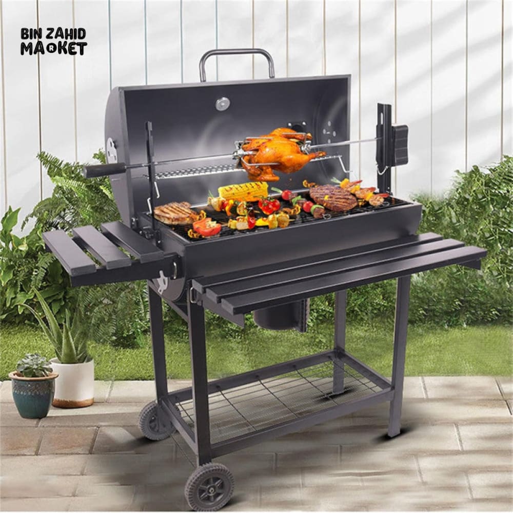 CHARCOAL BBQ GRILL WITH AUTO ROTATING ROD 2 FOLDABLE TABLES STORAGE SHELF OUTDOOR BARBECUE STAND