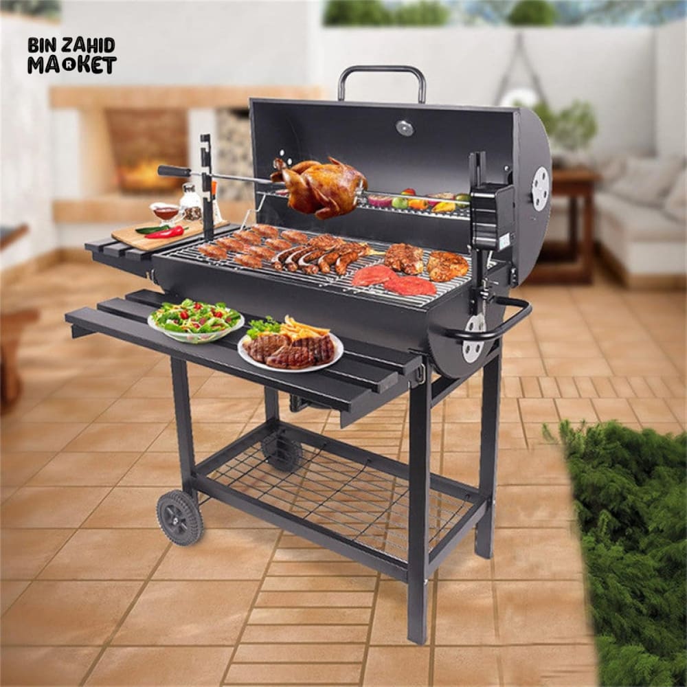 CHARCOAL BBQ GRILL WITH AUTO ROTATING ROD 2 FOLDABLE TABLES STORAGE SHELF OUTDOOR BARBECUE STAND