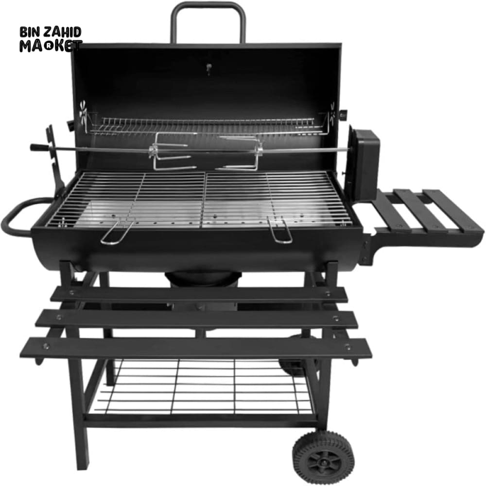 CHARCOAL BBQ GRILL WITH AUTO ROTATING ROD 2 FOLDABLE TABLES STORAGE SHELF OUTDOOR BARBECUE STAND