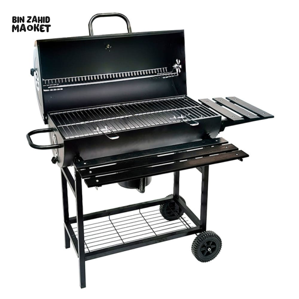 CHARCOAL BBQ GRILL WITH ROTATABLE ROD THERMOMETER SIDE TABLE WHEELS OUTDOOR BARBECUE GRILL