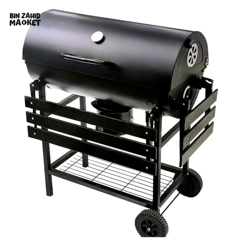 CHARCOAL BBQ GRILL WITH ROTATABLE ROD THERMOMETER SIDE TABLE WHEELS OUTDOOR BARBECUE GRILL