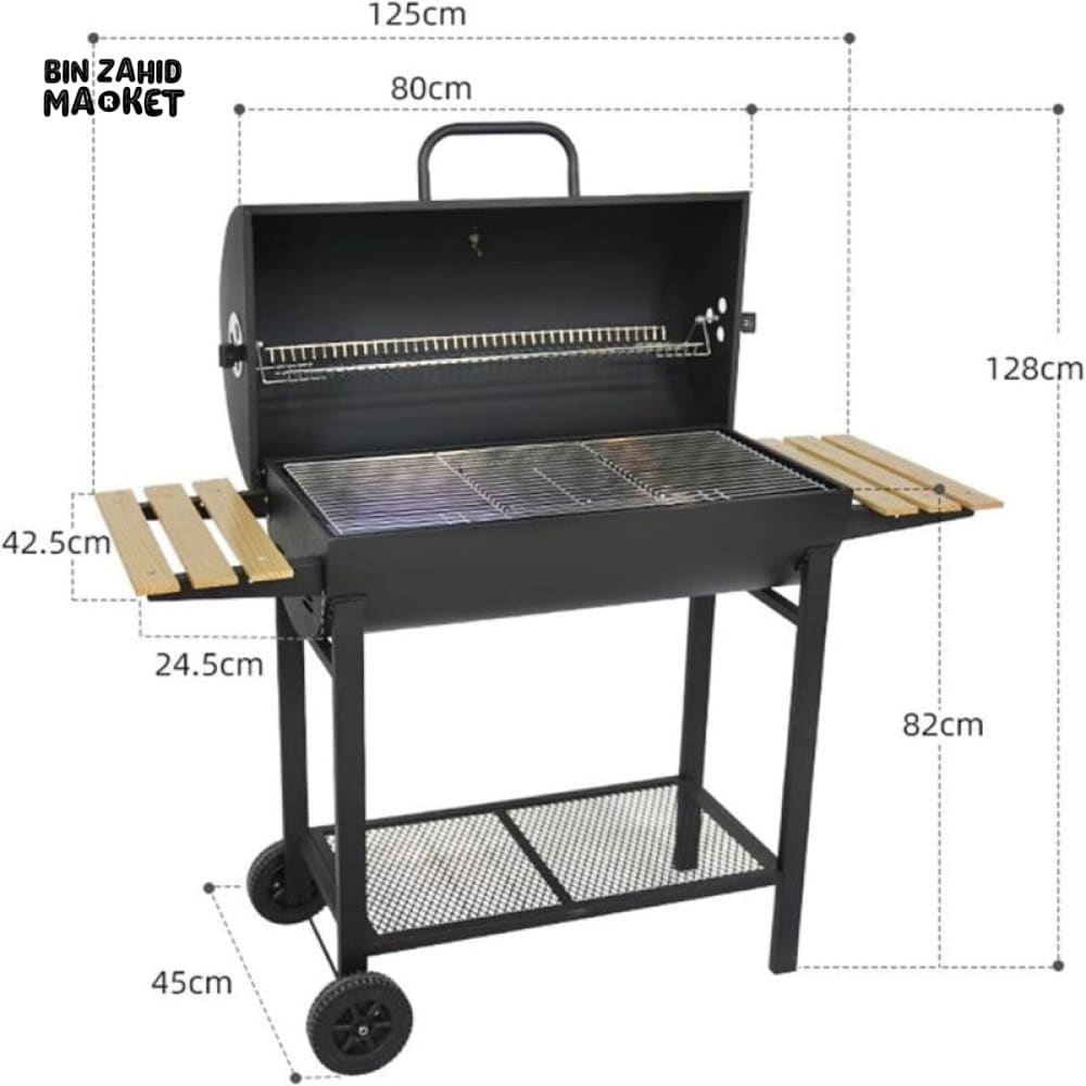 CHARCOAL DRUM BBQ GRILL WITH SIDE TABLES & WHEELS