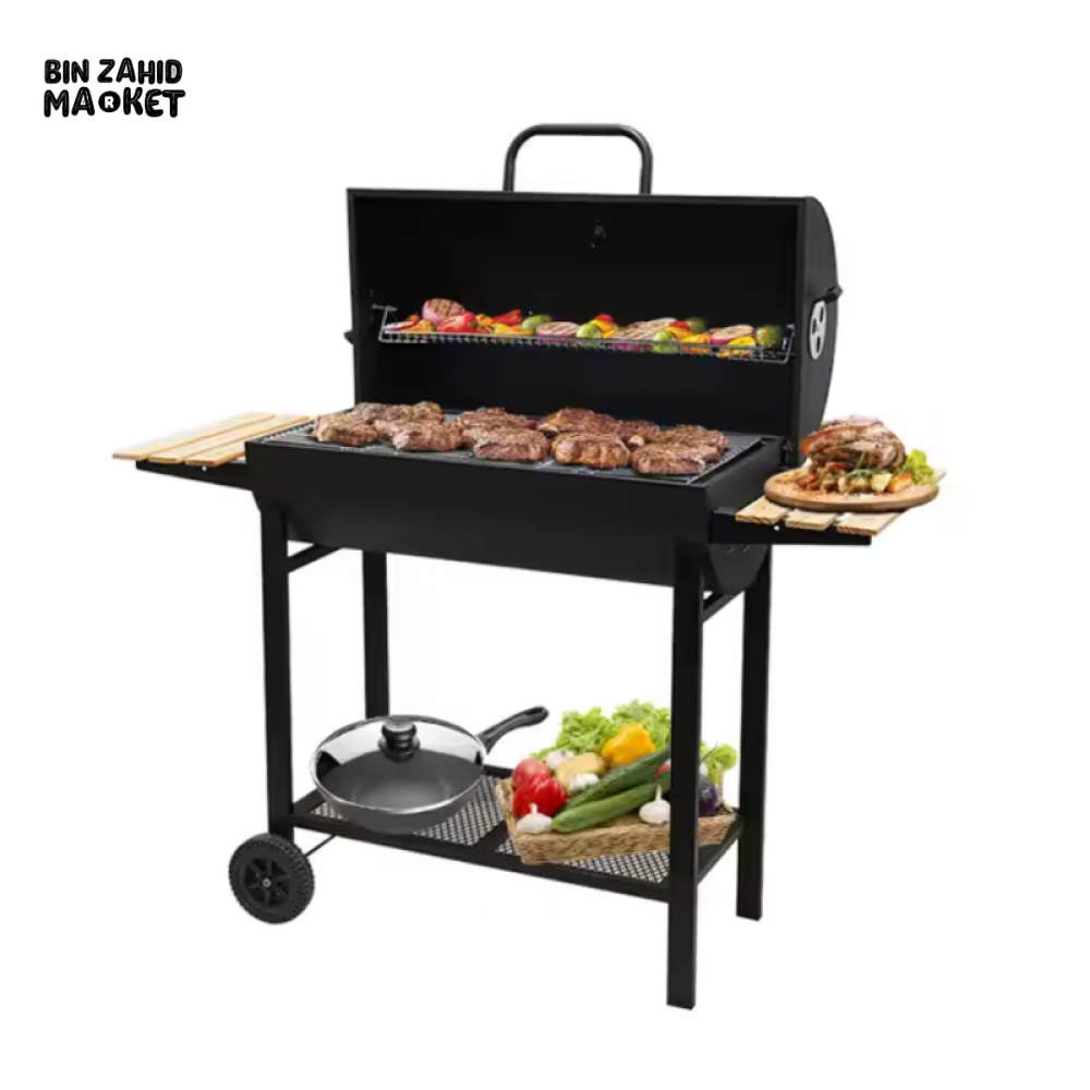 CHARCOAL DRUM BBQ GRILL WITH SIDE TABLES & WHEELS