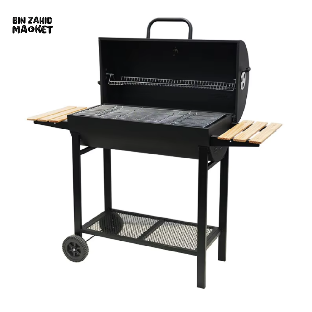 CHARCOAL DRUM BBQ GRILL WITH SIDE TABLES & WHEELS
