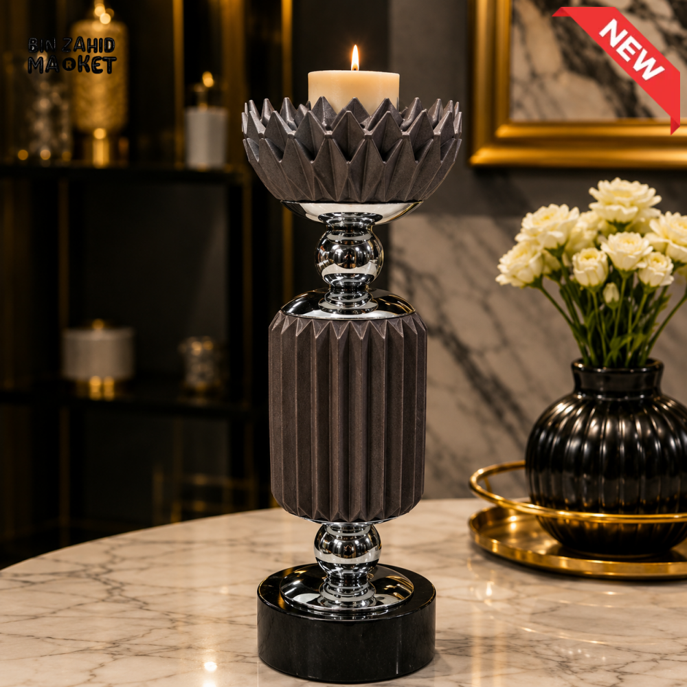 CHARCOAL GREY AND SILVER LUXURY DECORATIVE CANDLE HOLDER