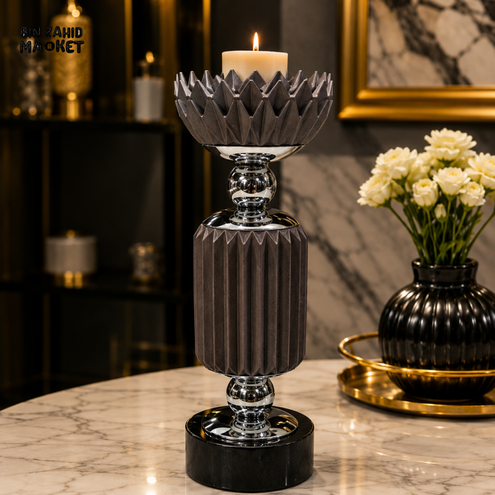 CHARCOAL GREY AND SILVER LUXURY DECORATIVE CANDLE HOLDER
