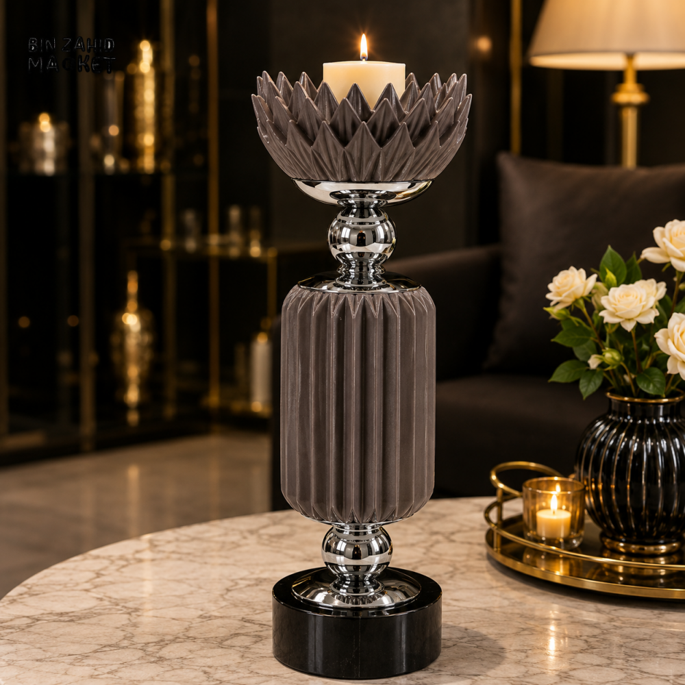 CHARCOAL GREY AND SILVER LUXURY DECORATIVE CANDLE HOLDER
