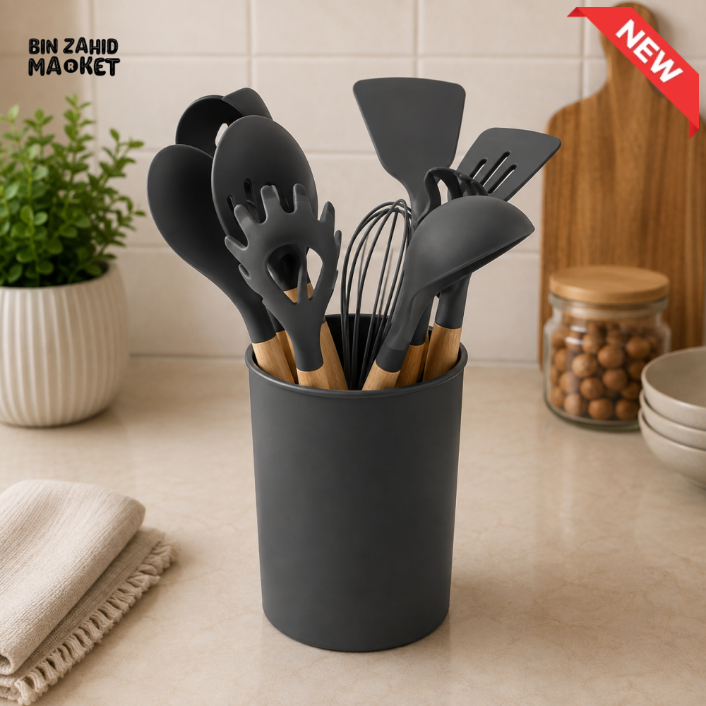 CHARCOAL GREY SILICONE KITCHEN UTENSIL SET WITH HOLDER AND WOODEN HANDLES