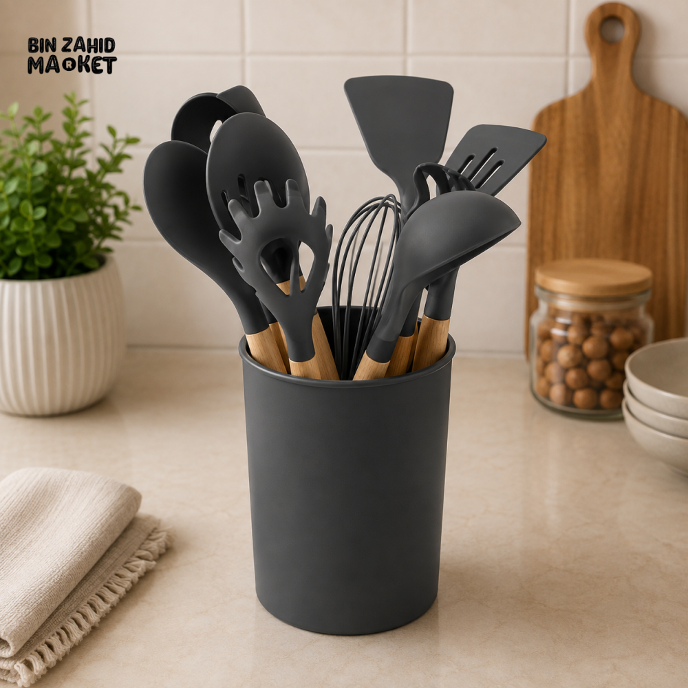 CHARCOAL GREY SILICONE KITCHEN UTENSIL SET WITH HOLDER AND WOODEN HANDLES