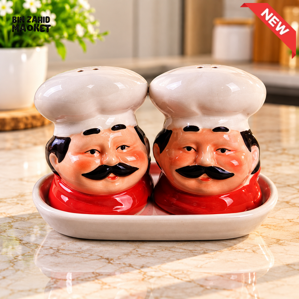 CHEF SHAPED CERAMIC SALT AND PEPPER SHAKER SET WITH TRAY - Spice & Condiment Storage