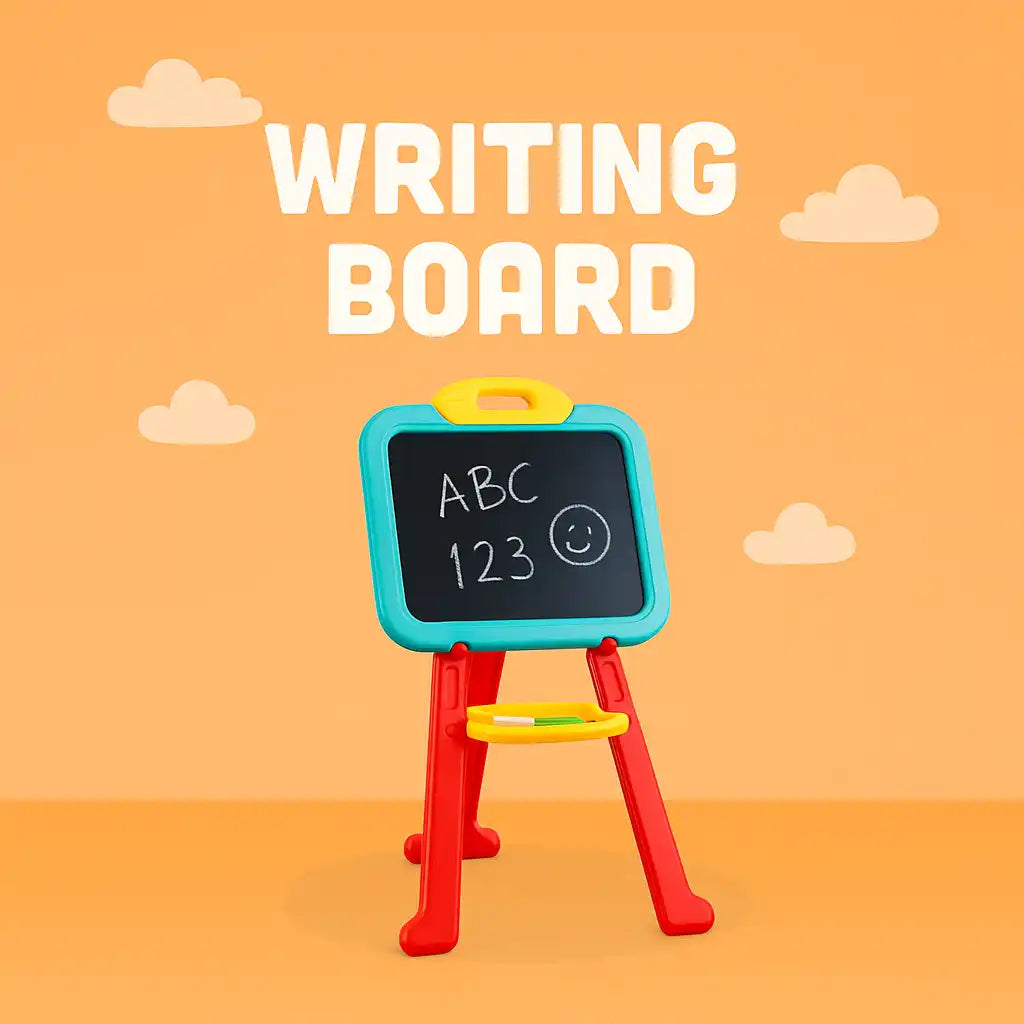 A child’s colorful writing board on a red easel stand.