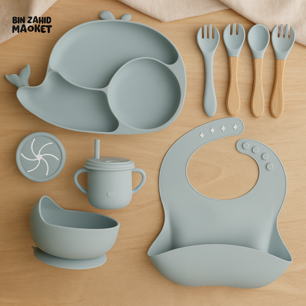CHILDSHOPPE SILICONE BABY 8IN1 TABLEWARE FEEDING SET BLUE WHALE