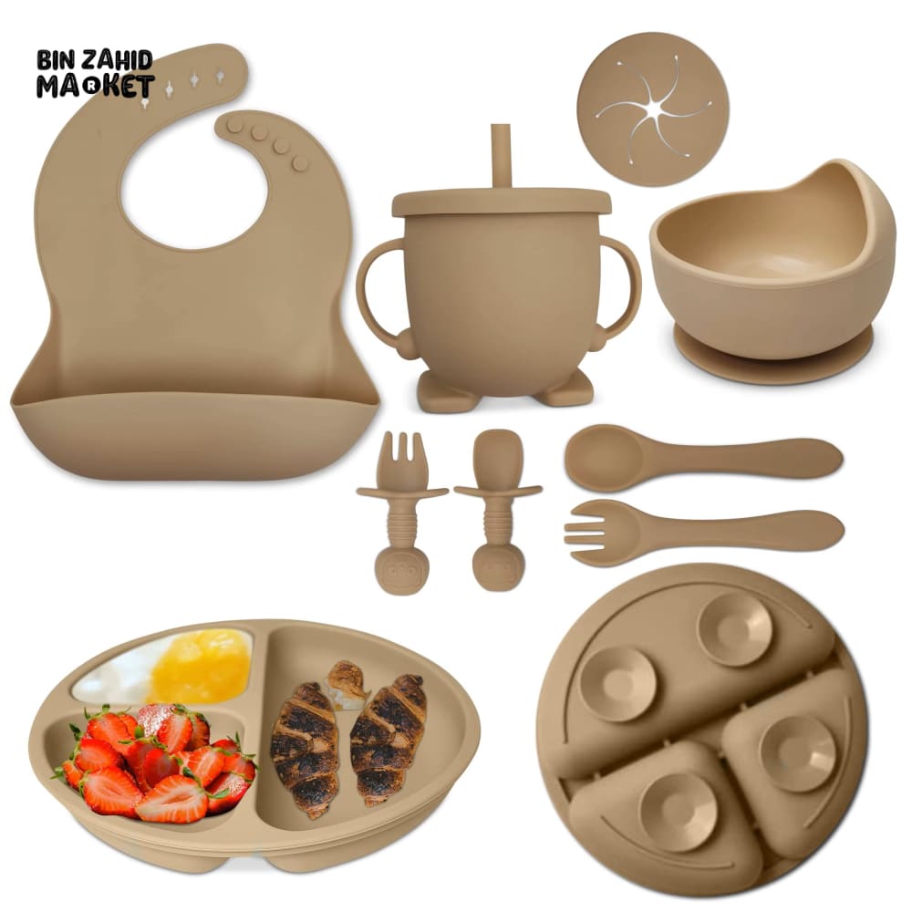 CHILDSHOPPE SILICONE BABY 8IN1 TABLEWARE FEEDING SET BROWN