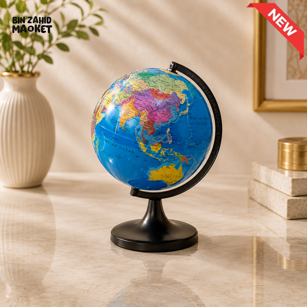 CLASSIC BLUE WORLD GLOBE WITH BLACK DESKTOP STAND