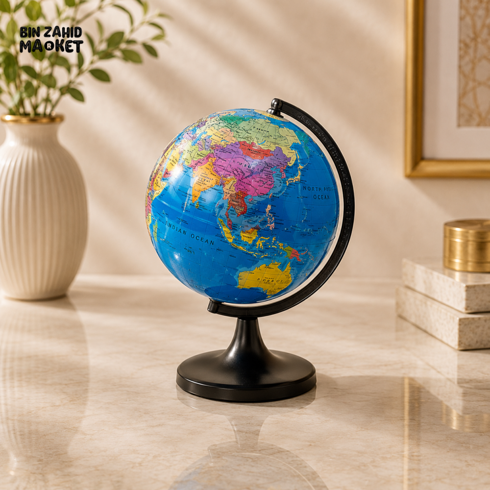 CLASSIC BLUE WORLD GLOBE WITH BLACK DESKTOP STAND