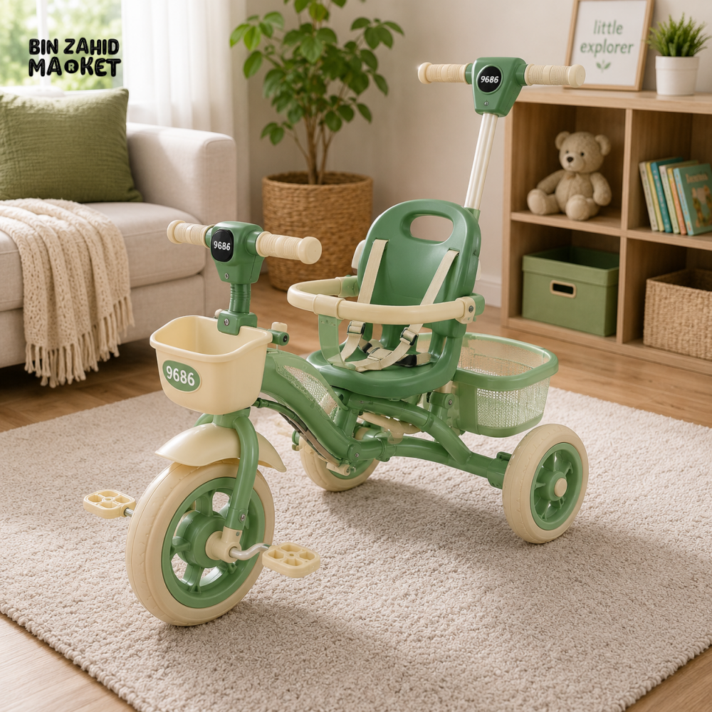 CLASSIC KIDS PEDAL TRICYCLE WITH BASKET - GREEN