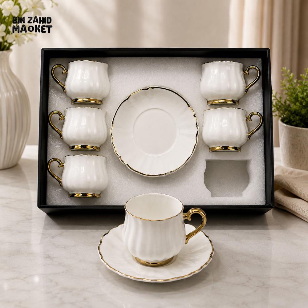 CLASSIC WHITE PORCELAIN TEA CUP AND SAUCER SET WITH GOLD TRIM