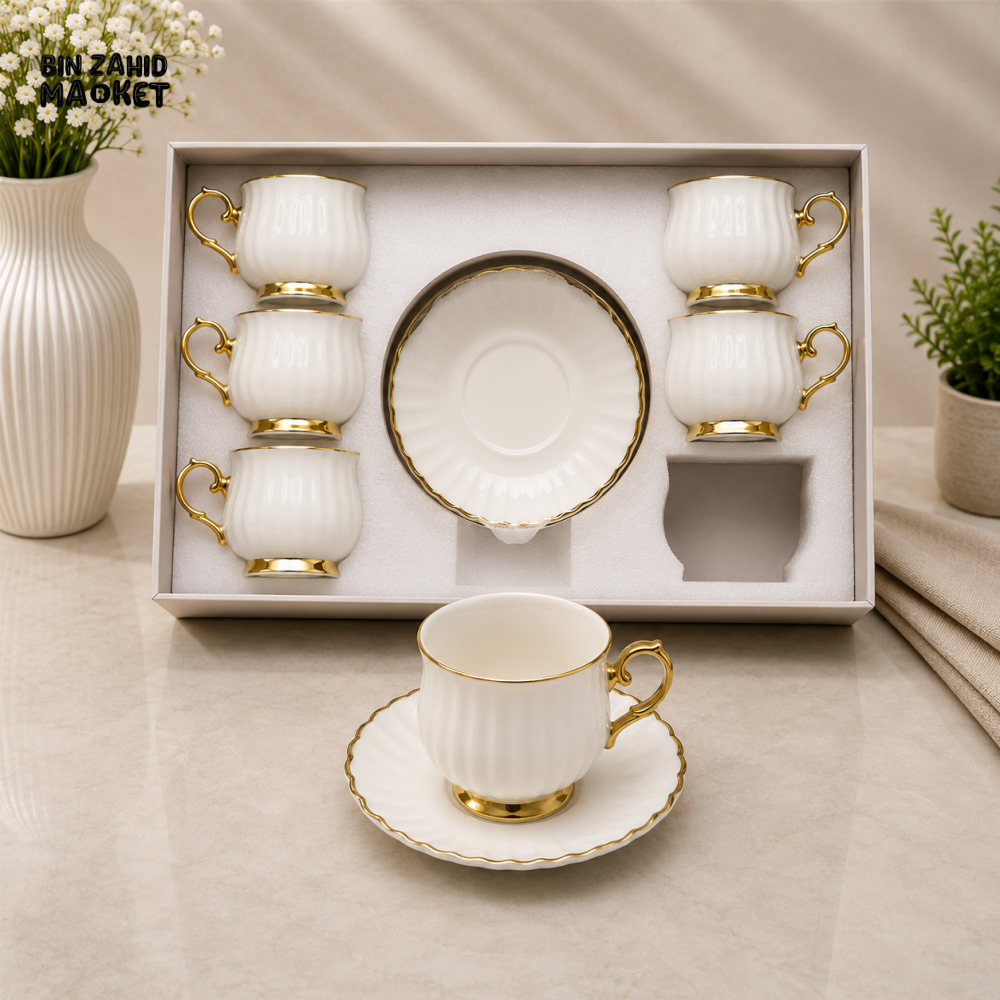 CLASSIC WHITE PORCELAIN TEA CUP AND SAUCER SET WITH GOLD TRIM
