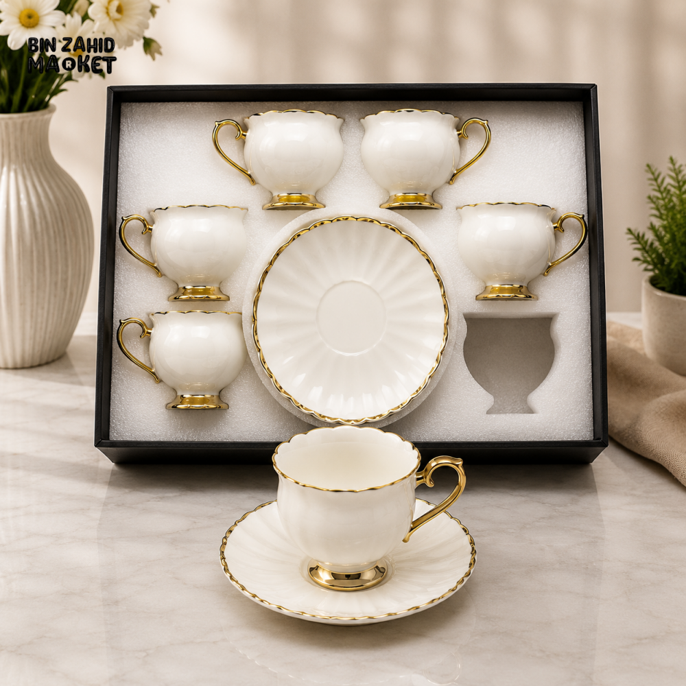 CLASSIC WHITE PORCELAIN TEA CUP AND SAUCER SET WITH GOLD TRIM
