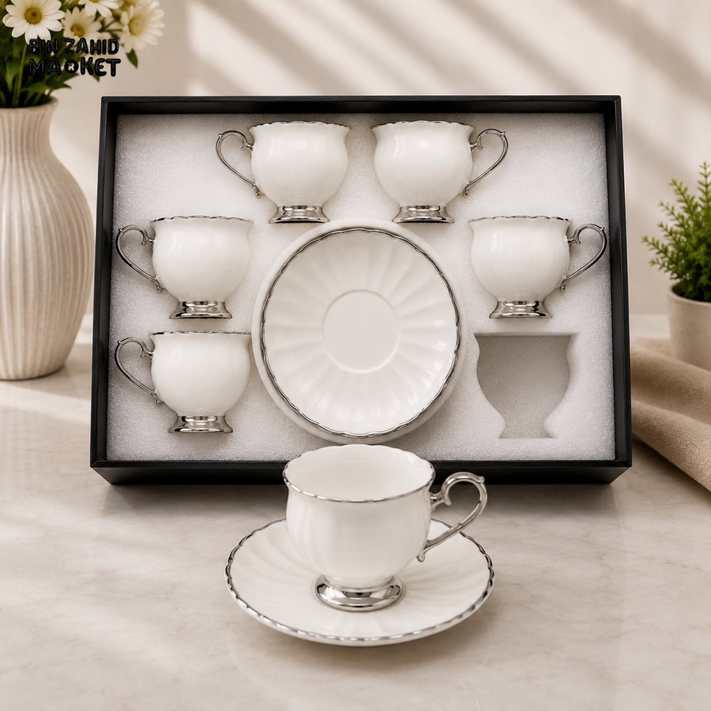 CLASSIC WHITE PORCELAIN TEA CUP AND SAUCER SET WITH SILVER TRIM