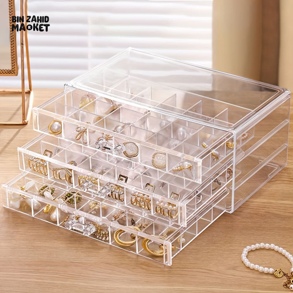 CLEAR ACRYLIC 3-LAYER JEWELRY ORGANIZER – EARRING & RING STORAGE BOX FOR DRESSING TABLE
