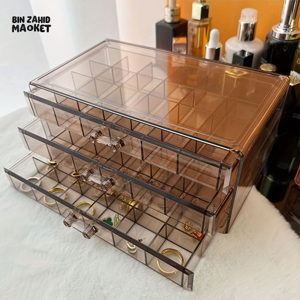CLEAR ACRYLIC 3-LAYER JEWELRY ORGANIZER – EARRING & RING STORAGE BOX FOR DRESSING TABLE