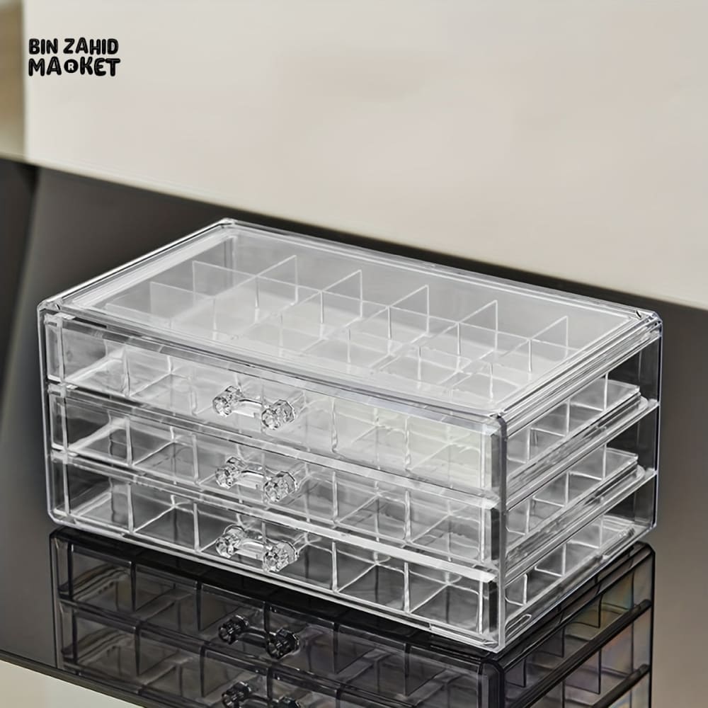 CLEAR ACRYLIC 3-LAYER JEWELRY ORGANIZER – EARRING & RING STORAGE BOX FOR DRESSING TABLE