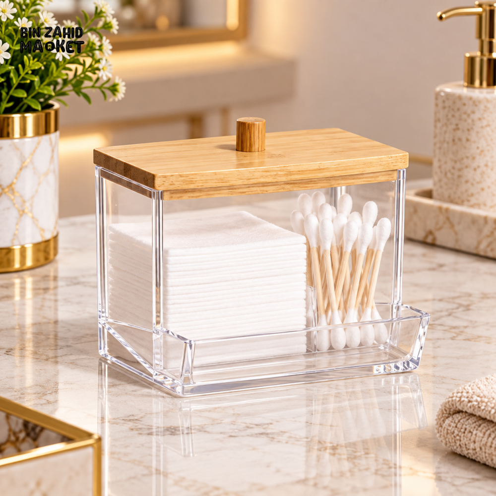 CLEAR ACRYLIC COTTON PAD ORGANIZER WITH BAMBOO LID