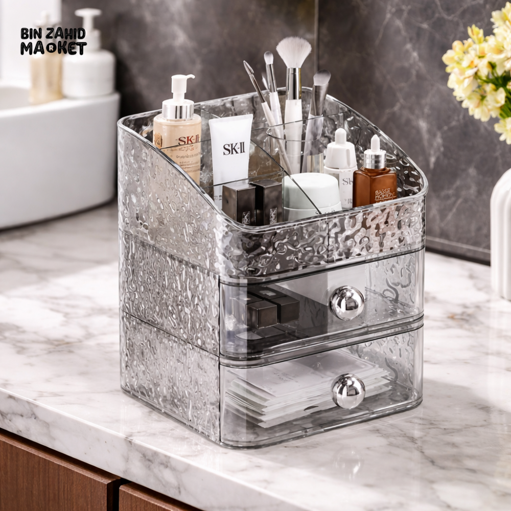 CLEAR ACRYLIC MAKEUP ORGANIZER WITH 2 DRAWERS – COSMETIC STORAGE BOX