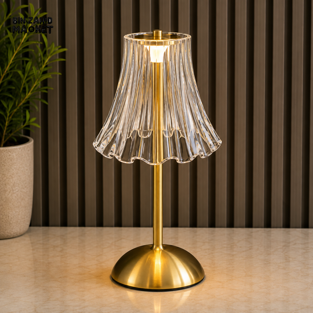 CLEAR FLUTED SHADE LED TABLE LAMP WITH GOLDEN BASE
