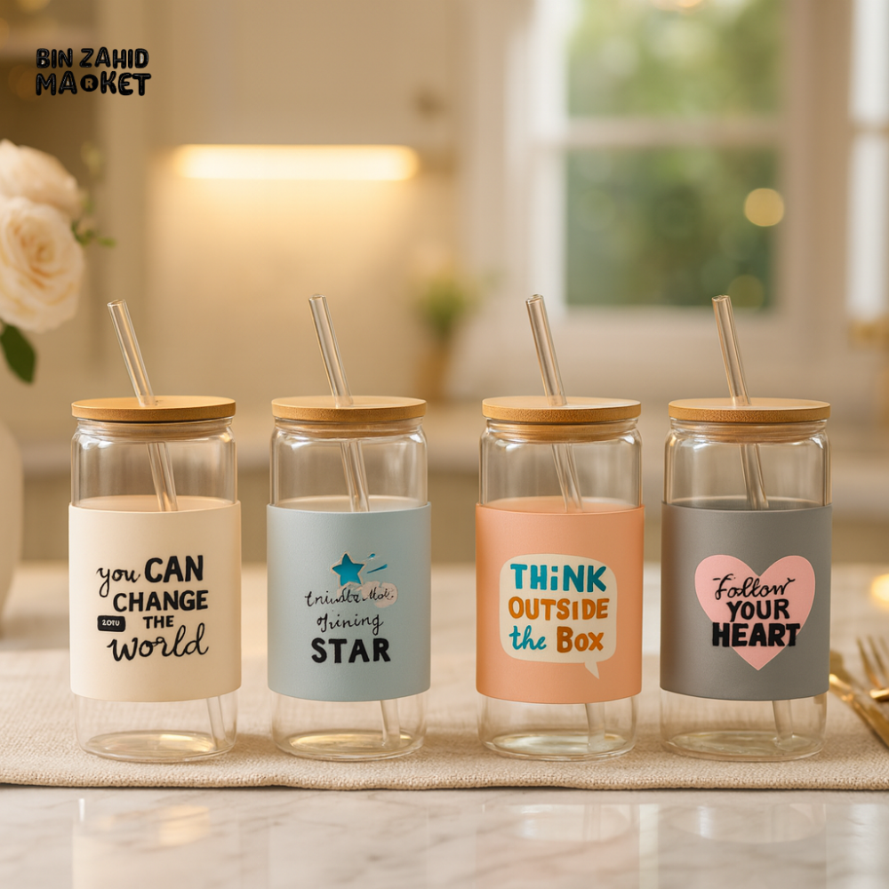 CLEAR GLASS CUP WITH STRAW & BAMBOO LID – QUOTE DESIGN 450 ML